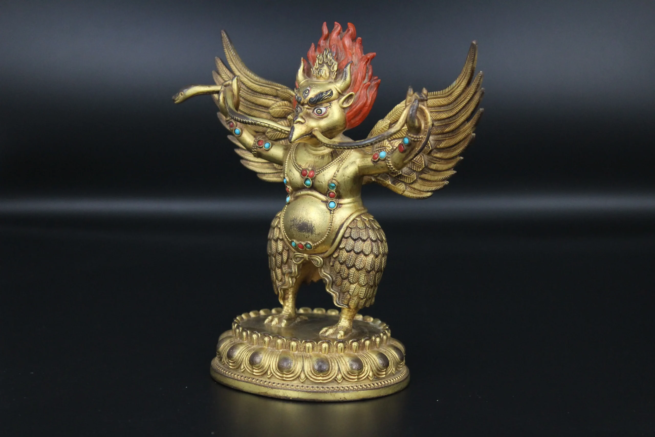 Gilded bronze Garuda statue inlaid with gemstones