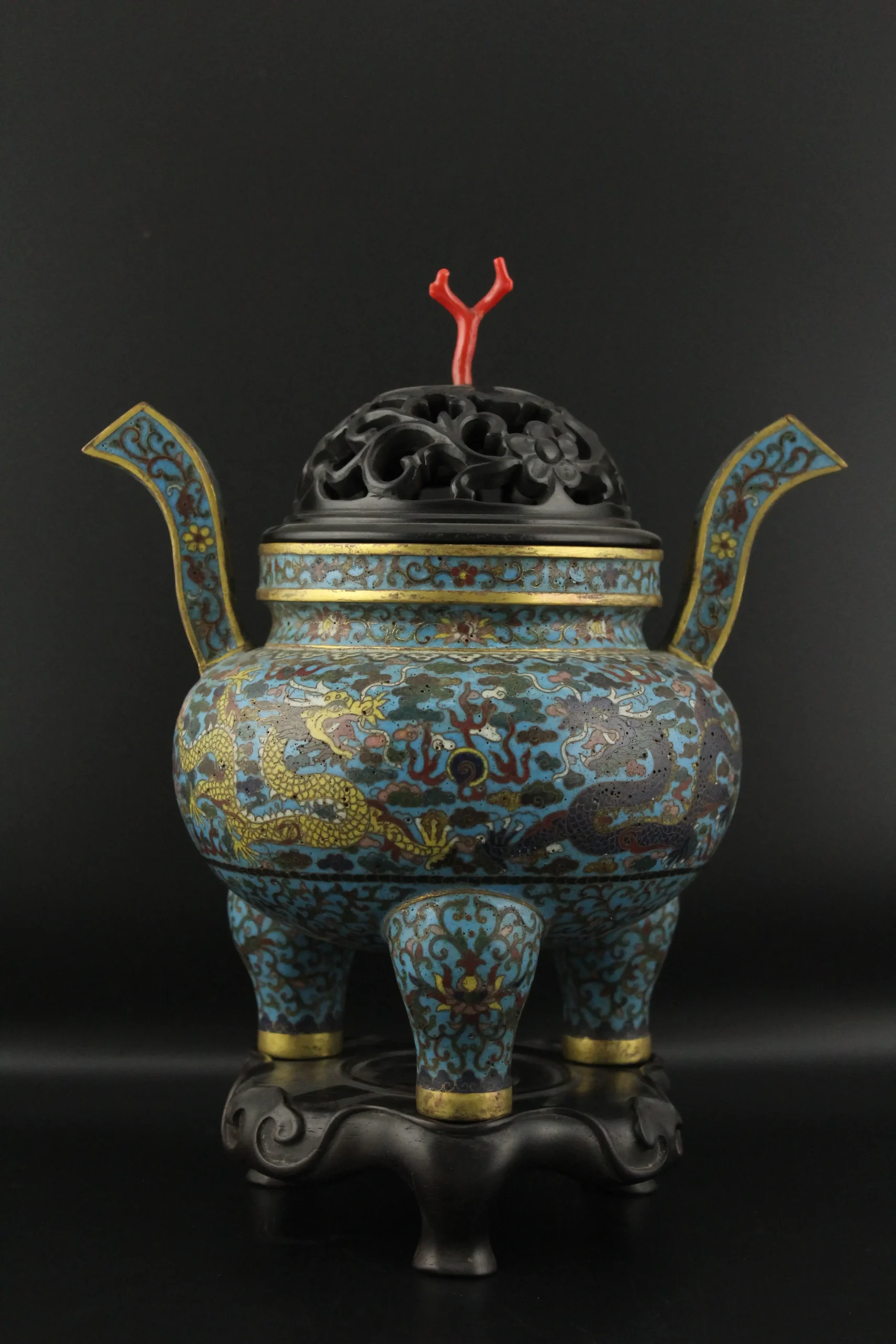 Cloisonné Dragon Incense Burner with Coral Finial