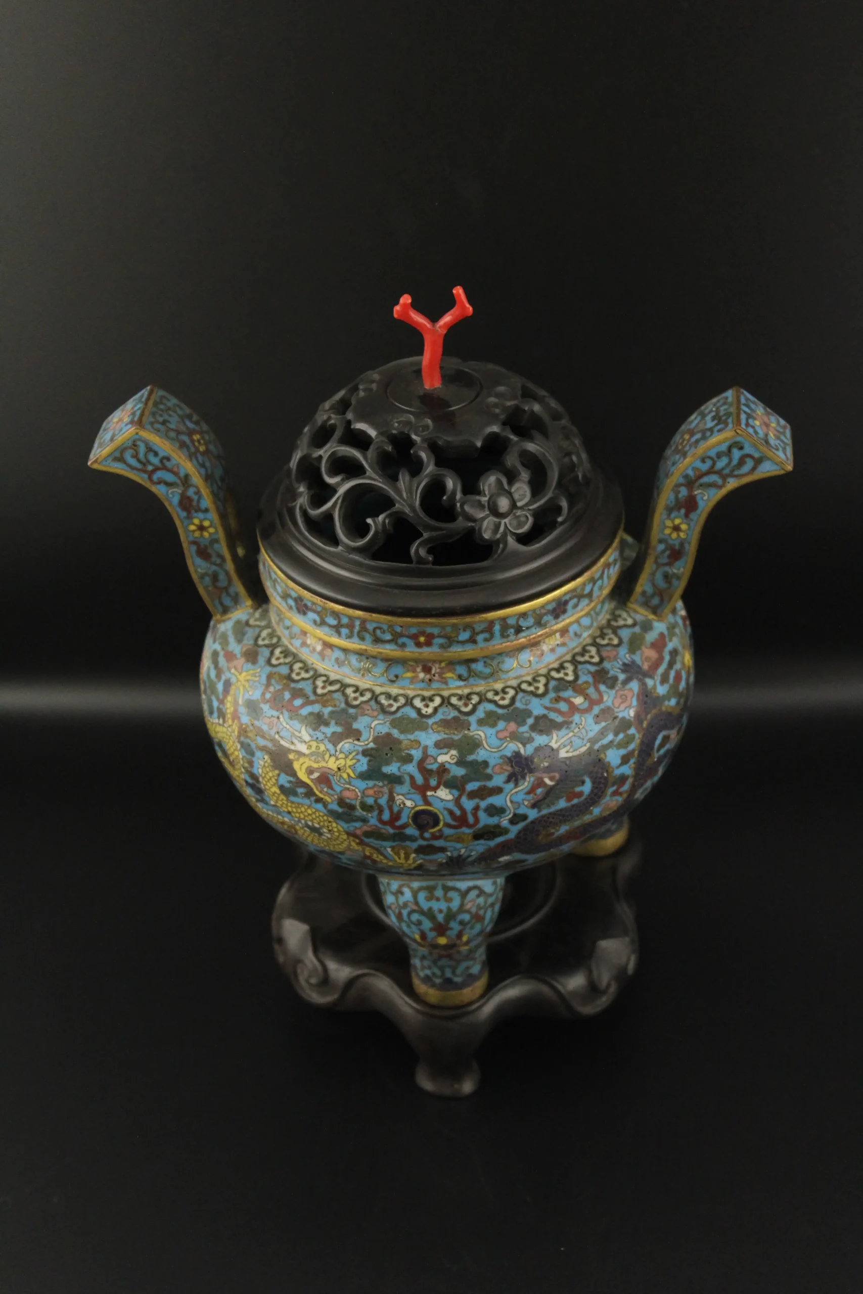 Cloisonné Dragon Incense Burner with Coral Finial