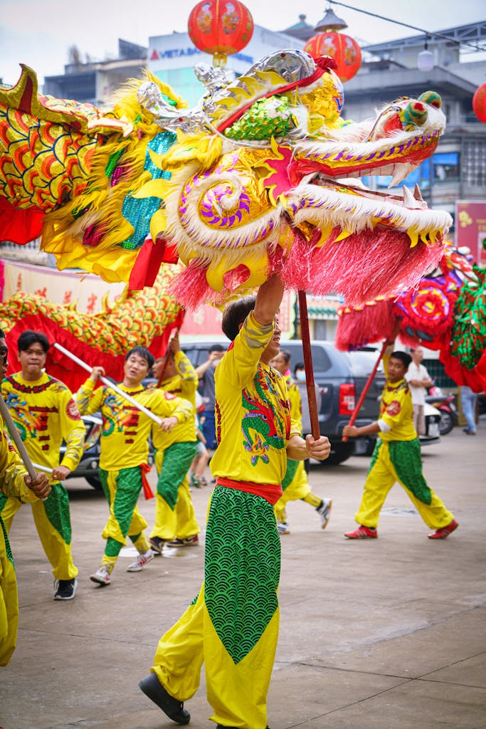 Colorful dragon dance performance during Vietnamese New Year in Ho Chi Minh City.