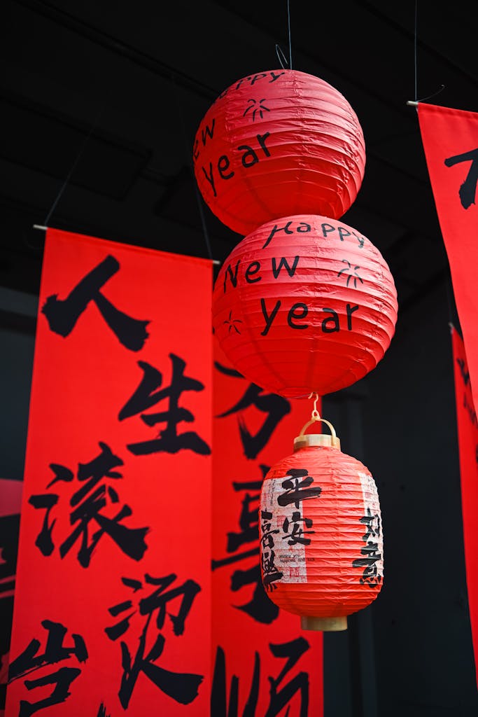 Red lanterns with New Year blessings hang in Nanjing celebrating the Chinese New Year.